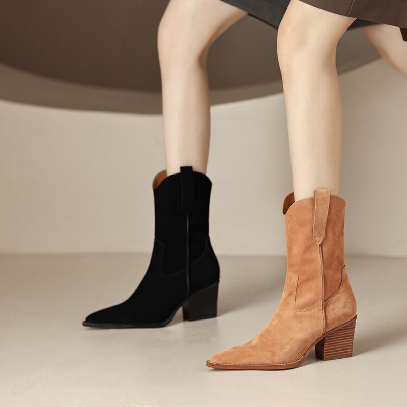 antmvs NEW Autumn Women's Boots Cow Suede Shoes Women Pointed Toe Chunky Heel Women Boots Winter Short Western Boots Women Cowboy Boots