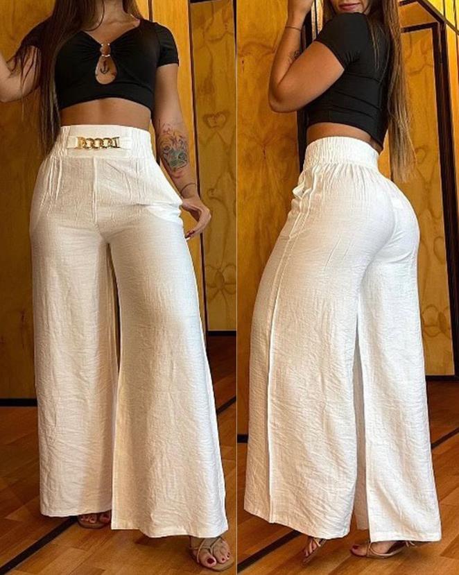 antmvs Women's Pants  Spring Fashion Chain Decor High Waist Casual Plain Pocket Design Daily Wide Leg Long Pants Y2K Streetwear