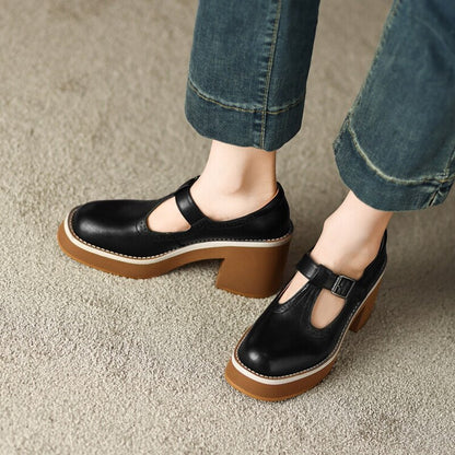 Amozae NEW Spring Women Shoes Round Toe Chunky Heel Mary Janes Split Leather Platform Shoes for Women Fashion Solid High Heels Women