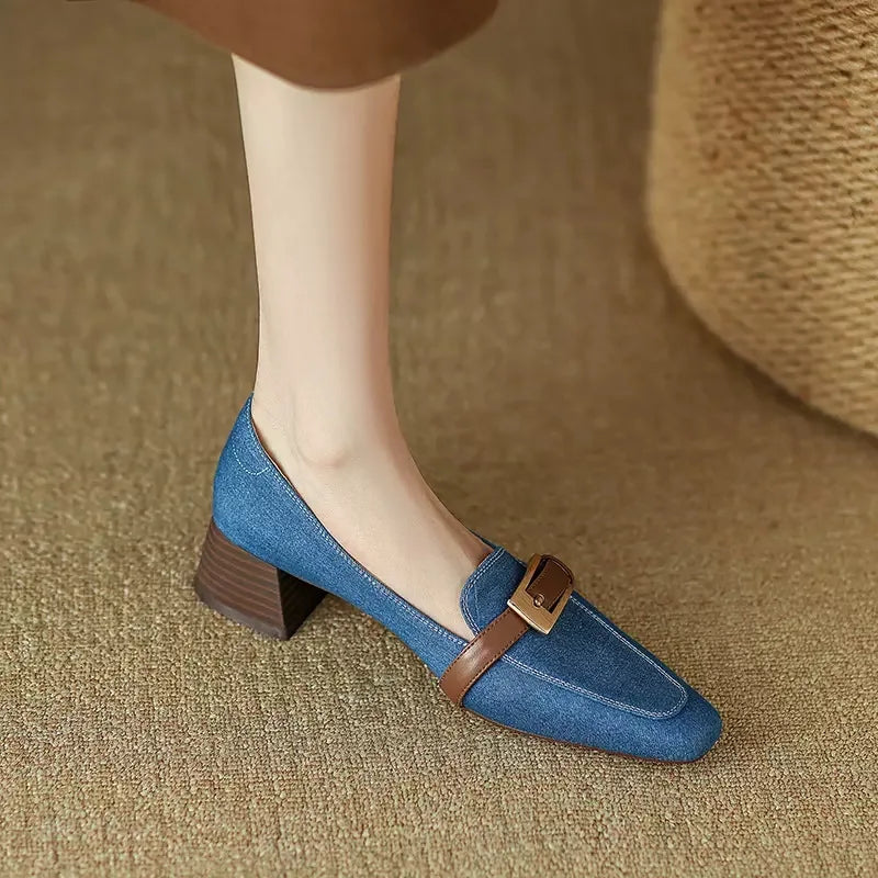 antmvs-Retro Denim Mid-heel Loafers Women Pumps Belt Buckle Square Head Shallow Casual Women Shoes Blue Comfort Chunky Mule Shoes Women