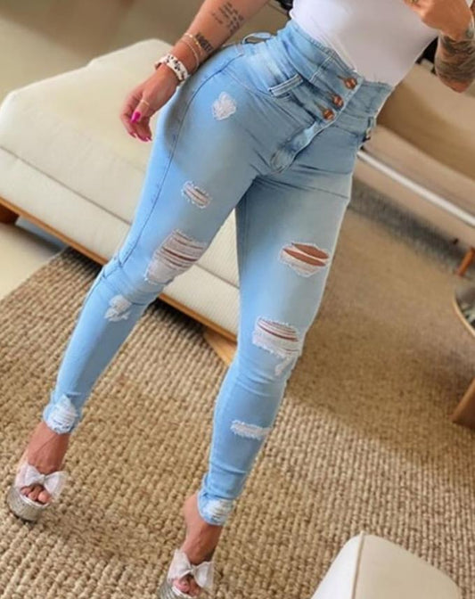 antmvs Women's Jeans Trend Autumn Fashion High Waist Buttoned Cutout Ripped Casual Skinny Plain Pocket Design Daily Long Jeans