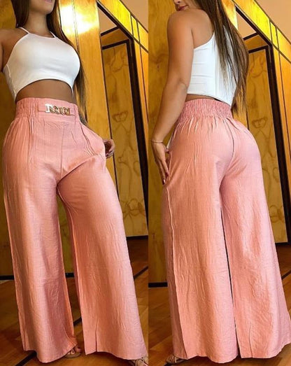 antmvs Women's Pants  Spring Fashion Chain Decor High Waist Casual Plain Pocket Design Daily Wide Leg Long Pants Y2K Streetwear