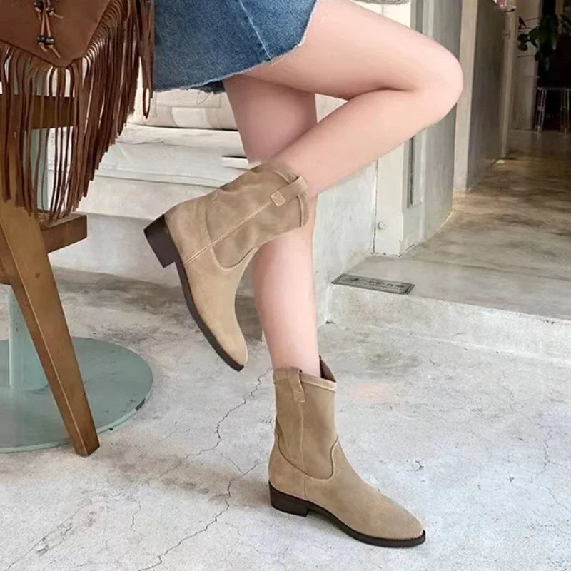 antmvs-Soft Leather Retro Cowboy Boots New Fall Winter  Western Jeans Boots Pointy Toe Comfy Chunky Brown Frosted Boots for Women