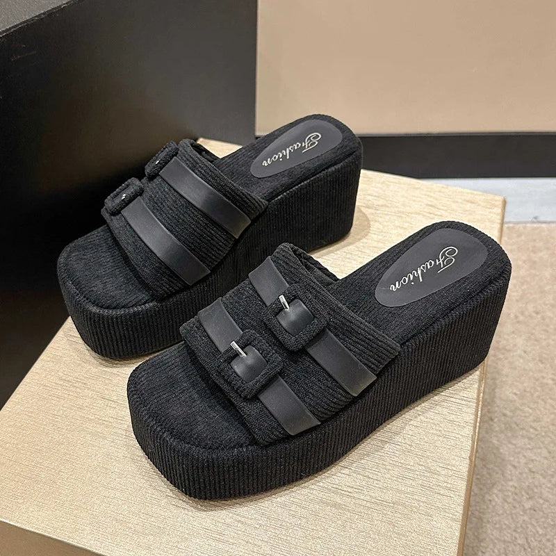 antmvs-Square Head Platform Slippers Belt Buckles Corduroy Open-toe Women Sandals Summer New  Designer Shoes Fashion Wedge Sandals