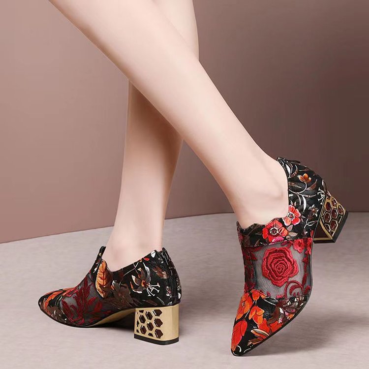 Amozae New Fashion Personality Pointed Toe Sandals Women Summer New Mid Heel Square Heel Zipper Printed Casual Ladies High Heels