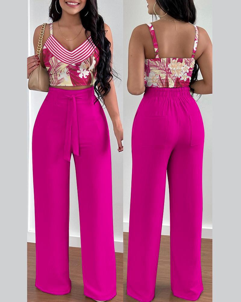 antmvs Two Piece Sets Womens Outifits Summer Fashion Printed Suspenders V Neck Sleeveless Crop Top & Casual Wide-Leg Long Pants Set