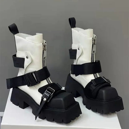 antmvs-Genuine Leather Boots Women  Tube Platform Boots Belt Buckle Design Cool Biker Botas Square Thick Bottom Head Ankle Boots