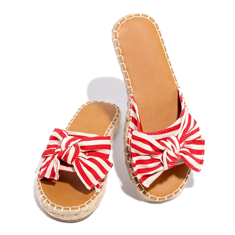 Back to school antmvs  Women's Bow Slippers  Summer Ladies Sandals Flat Woman Stripe Open Toe Slides Female Beach Shoes Women Slip On Footwear