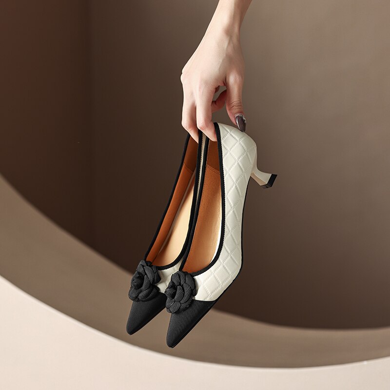 antmvs  new Spring women pumps natural leather 22-24.5cm sheepskin+cowhide+pigskin pointed toe flower high heel shoes fashion