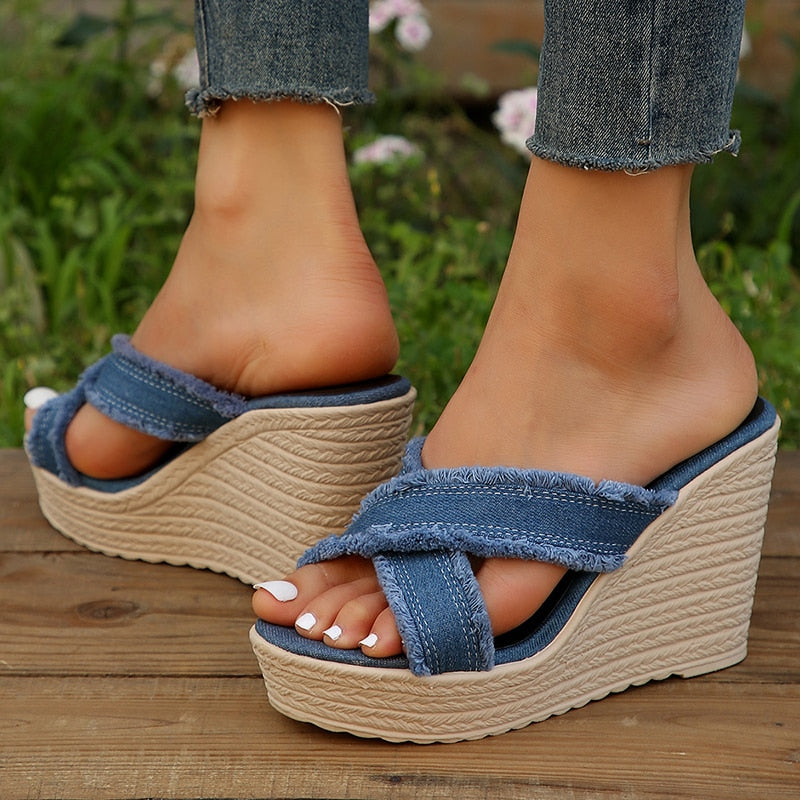 antmvs Cross Strap High Wedge Slippers Women Summer  Blue Denim Chunky Platform Sandals Woman Non Slip Thick Sole Slides Flip Flops