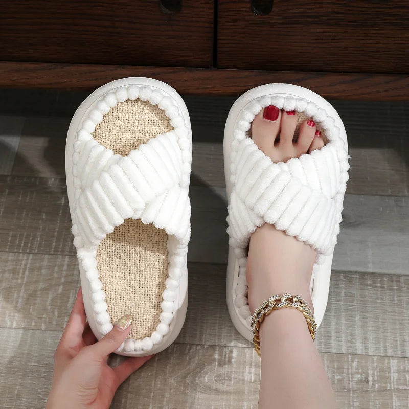 antmvs- rNew Women Home Slippers Open-Toe Cross Band Linen Soled Indoor Slides Linen Soled Non-Slip Bathroom Slippers