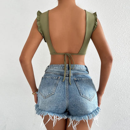 antmvs-Women Sexy Tank Top with Metal Ring Ruched Slim Halter Backless Bandage Camis Tube Top Female Sleeveless Cropped Vest