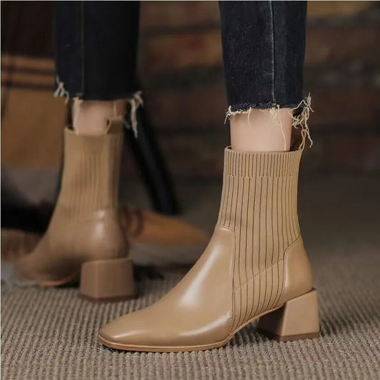 antmvs- Autumn Winter Ankle Socks Shoes Plush Women Boots Size 42 43 Knitted Short Boots Square Toe Retro High Heels Botas De Mujer