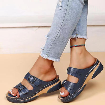 antmvs Fashion Double Buckle Wedge Slippers Women Summer  Brown PU Leather Platform Sandals Woman Casual Non Slip Beach Flip Flops