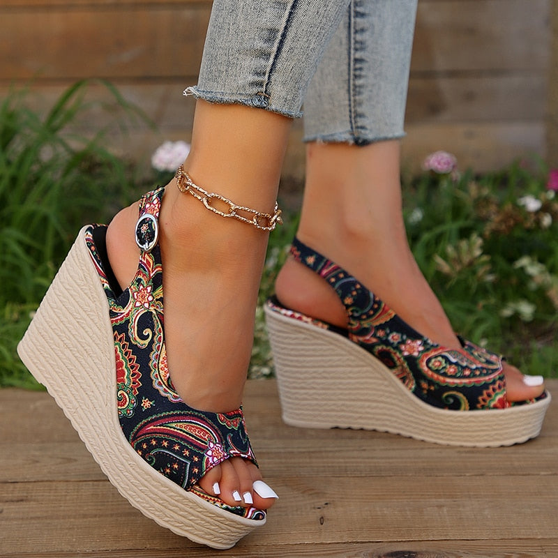 antmvs Style Print Wedge Sandals for Women Peep Toe Chunky Platform Shoes Woman Summer Thick Bottom Gladiator Sandalias Mujer