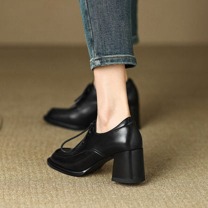 antmvs  Spring Women Loafers Split Leather Pumps Women Round Toe Square Heel Women Shoes Casual High Heel Shoes Women Lace-up Shoes