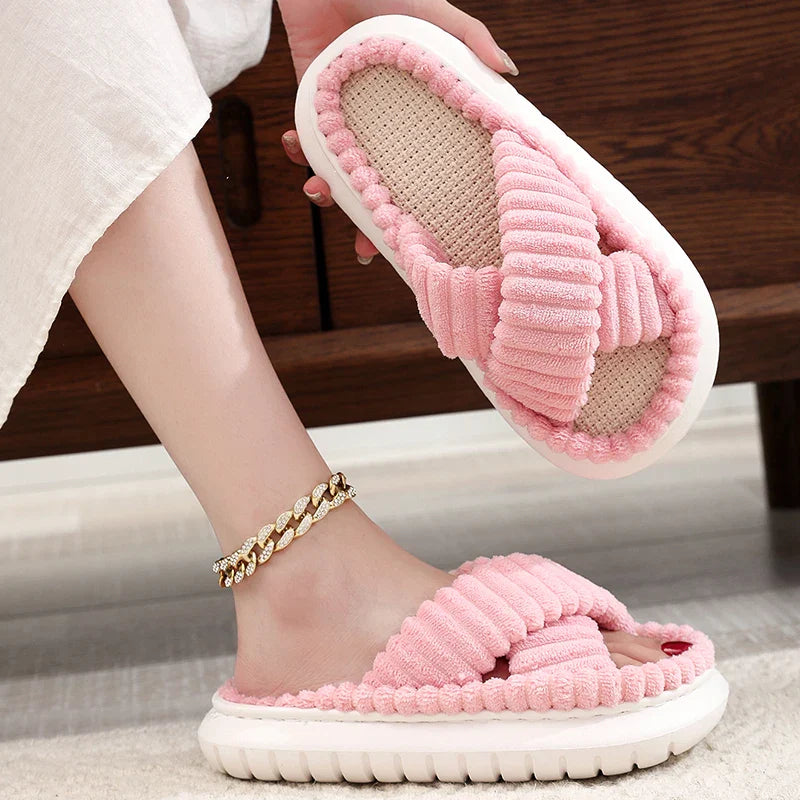 antmvs- rNew Women Home Slippers Open-Toe Cross Band Linen Soled Indoor Slides Linen Soled Non-Slip Bathroom Slippers