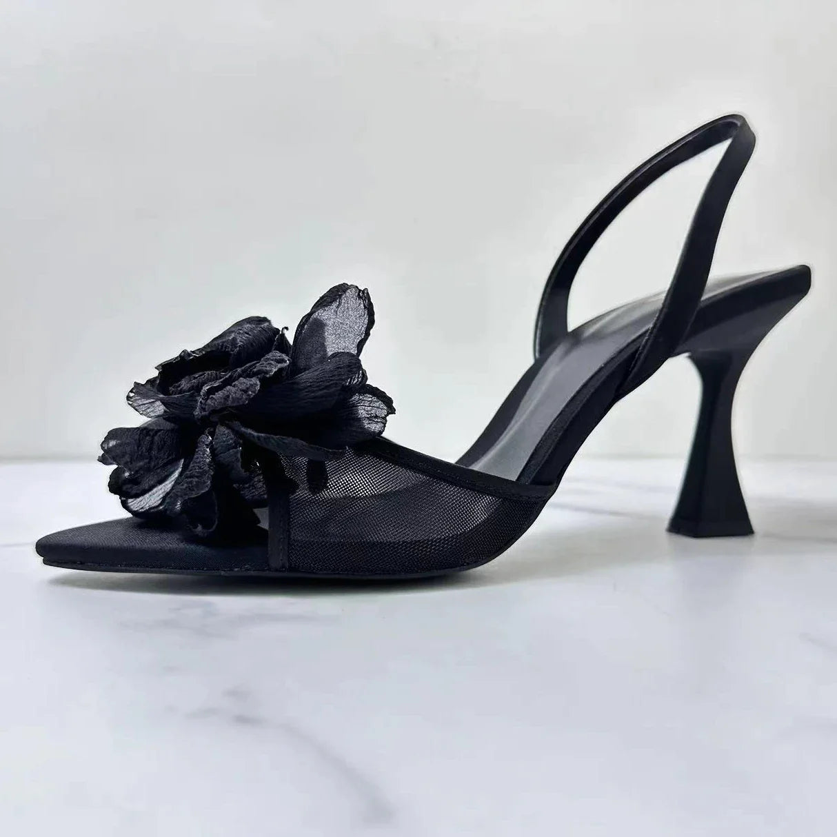 antmvs-Flowers Slingback High Heels Women Pointed Fine Heel Sandals Women Open-toe Black Mesh Floral Party Dress Slippers Women Pumps