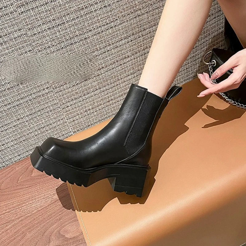 antmvs-Genuine Leather Women Nude Boots New Chunky Heel Chelsea Boots Square Toe High Heeled Short Boots Designer Fashion Women Boots