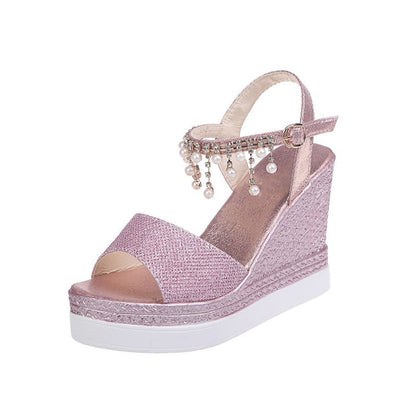 antmvs New Women Wedge Sandals Summer Bead Studded Detail Platform Sandals Buckle Strap Peep Toe Thick Bottom Casual Shoes Ladies