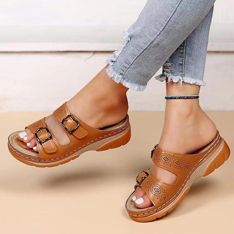 antmvs Fashion Double Buckle Wedge Slippers Women Summer  Brown PU Leather Platform Sandals Woman Casual Non Slip Beach Flip Flops