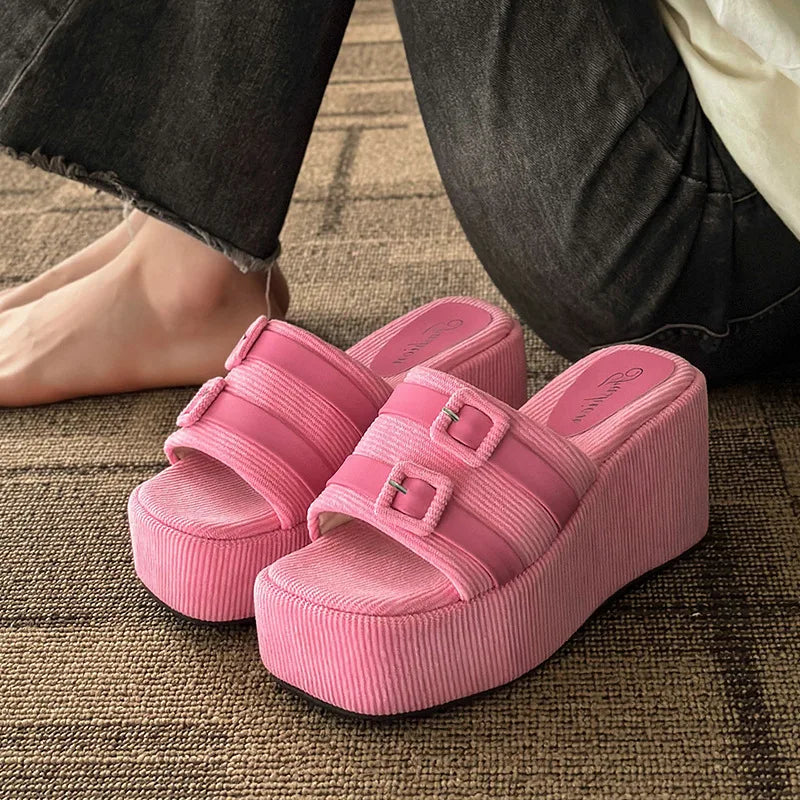 antmvs-Square Head Platform Slippers Belt Buckles Corduroy Open-toe Women Sandals Summer New  Designer Shoes Fashion Wedge Sandals