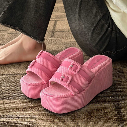 antmvs-Square Head Platform Slippers Belt Buckles Corduroy Open-toe Women Sandals Summer New  Designer Shoes Fashion Wedge Sandals