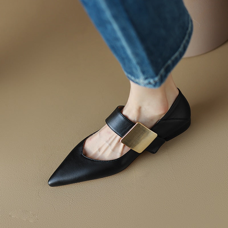 antmvs  new spring women pumps natural leather 22-24.5cm length cowhide+pigskin full leather Metal square Buckle Mary Jane shoes