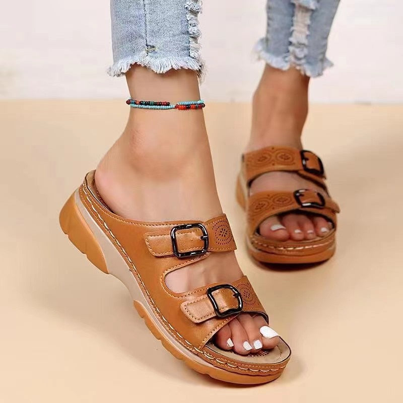 antmvs Fashion Double Buckle Wedge Slippers Women Summer  Brown PU Leather Platform Sandals Woman Casual Non Slip Beach Flip Flops