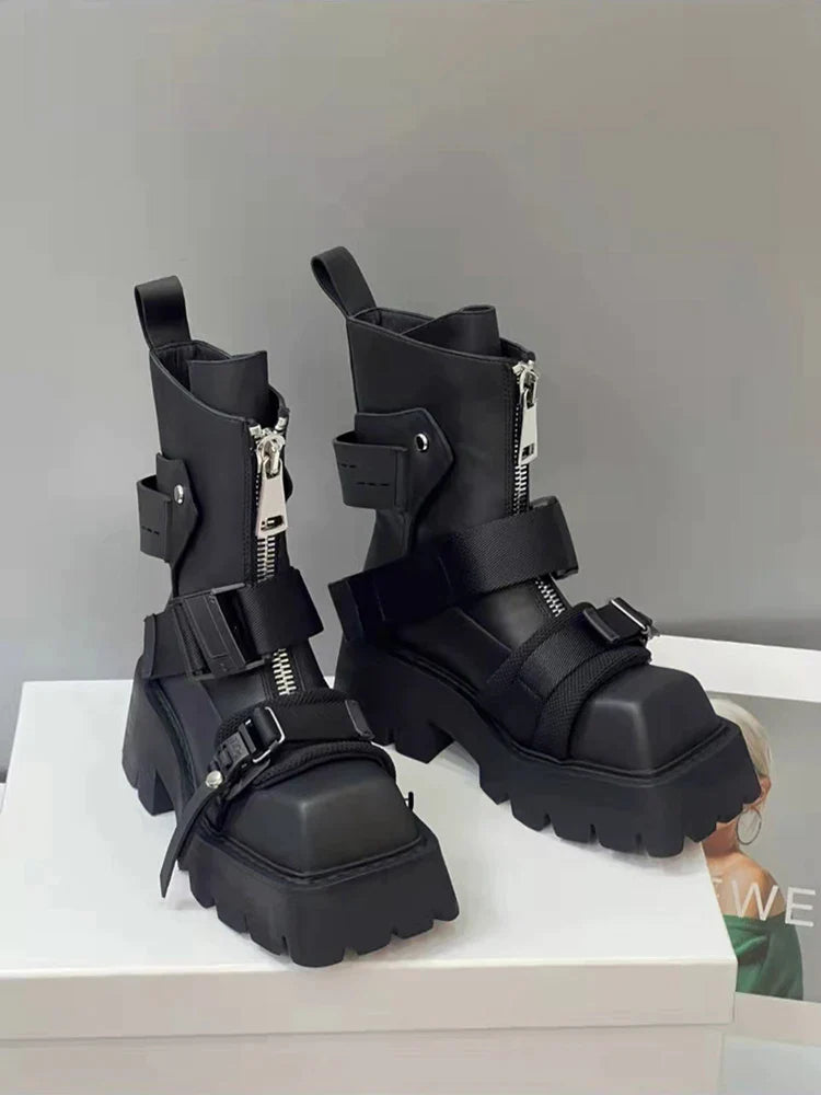 antmvs-Genuine Leather Boots Women  Tube Platform Boots Belt Buckle Design Cool Biker Botas Square Thick Bottom Head Ankle Boots