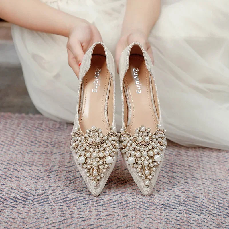 antmvs-Shoes for Women Wedding Shoes Autumn Women Shoes Plus Size 43 Slip-on Pearl Single Shoes Fashion Party Footwear Zapatos Mujer