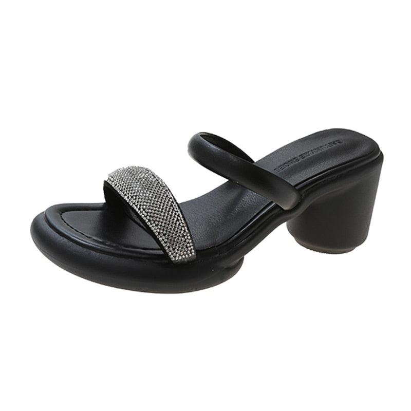 antmvs Fashion Crystal Women Sandals Summer  New Round Heels Gladiator Sandals Woman Beige PU Leather High Heeled Slippers