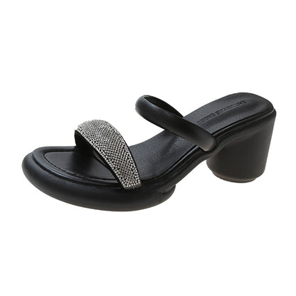 antmvs Fashion Crystal Women Sandals Summer  New Round Heels Gladiator Sandals Woman Beige PU Leather High Heeled Slippers