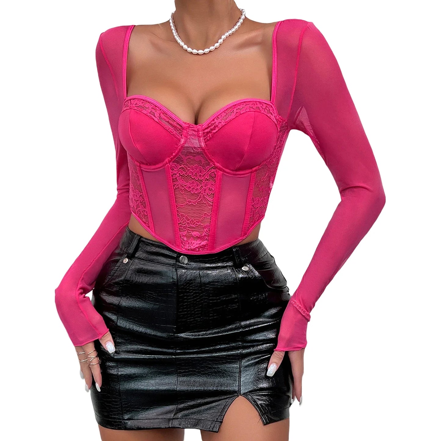 antmvs-Women Y2k Lace Patchwork Corset Crop Tops Sexy V Neck Long Sleeve T-shirt See Through Open Back Bustier Shirt Streetwear