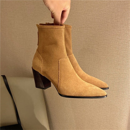 antmvs Spring/Autumn Women Boots Pointed Toe Chunky Heel Suede Leather Women Shoes Heel Height(5cm-8cm)Retro Solid Short Boots Ladies