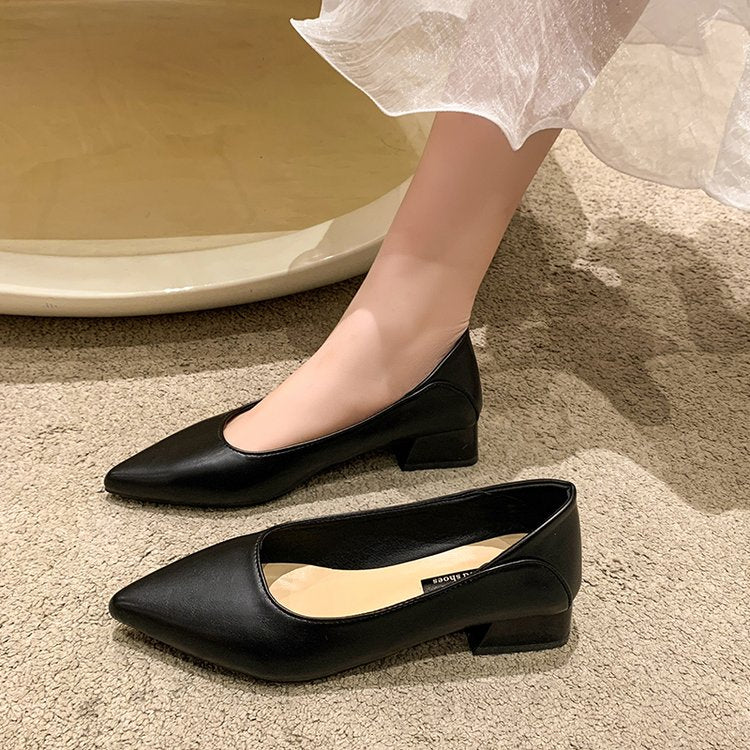 Amozae New Fashion Exquisite Ladies Beautiful Solid Color Shallow Mouth Thick Heel Soft Sole Pointed Toe Heel Shoes Ladies High Heels