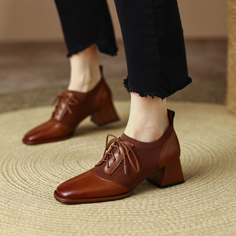 antmvs NEW Spring Women Pumps Round Toe Chunky Heel Shoes for Women Split Leather High Heels Solid Splicing Lace-up Shoes Handmade Shoe