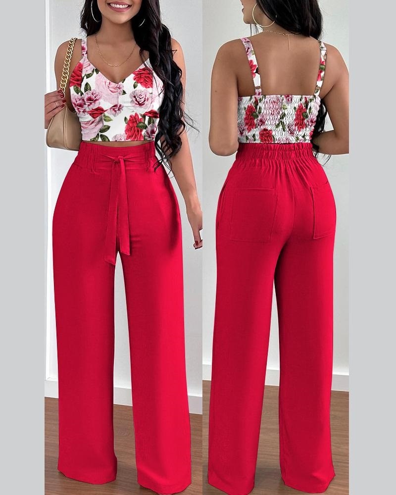 antmvs Two Piece Sets Womens Outifits Summer Fashion Printed Suspenders V Neck Sleeveless Crop Top & Casual Wide-Leg Long Pants Set