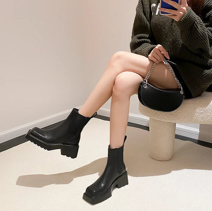 antmvs-Genuine Leather Women Nude Boots New Chunky Heel Chelsea Boots Square Toe High Heeled Short Boots Designer Fashion Women Boots