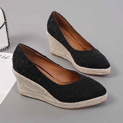 antmvs-New Pointed Shallow Mouth Women Wedge Heel Thick Sole Single Shoes Women Straw Woven Twine rope sole Spring Autumn Shoes