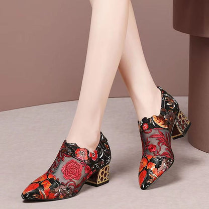 Amozae New Fashion Personality Pointed Toe Sandals Women Summer New Mid Heel Square Heel Zipper Printed Casual Ladies High Heels