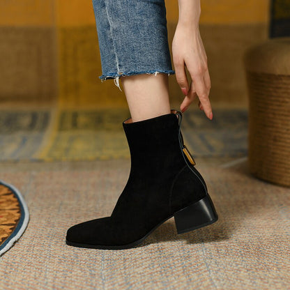 antmvs autumn and winter Women ankle boots natural leather 22-25cm kid suede upper medium chunky heel side zipper ankle boots