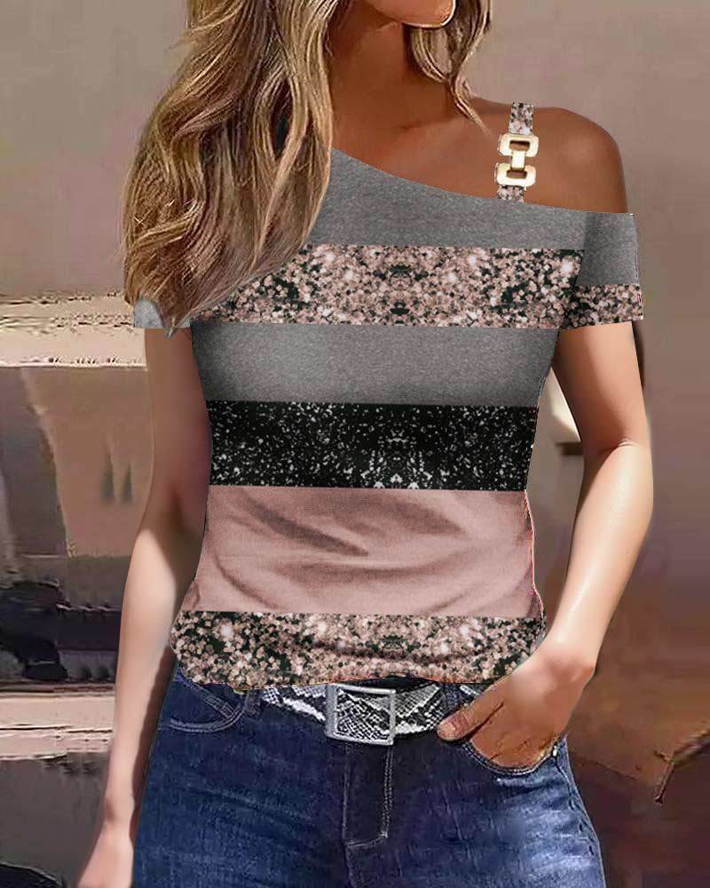 antmvs Top Women  Summer Fashion Simple Metal Buckle Oblique Collar Casual Short-Sleeved Printed T-Shirt Top Y2K Clothes