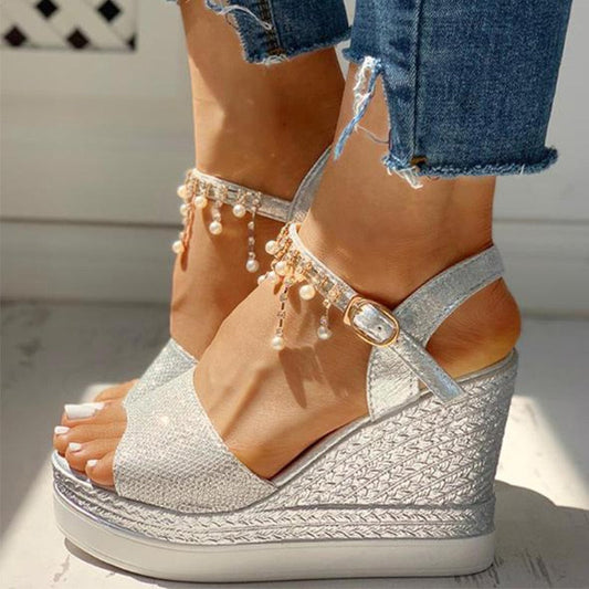 antmvs New Women Wedge Sandals Summer Bead Studded Detail Platform Sandals Buckle Strap Peep Toe Thick Bottom Casual Shoes Ladies