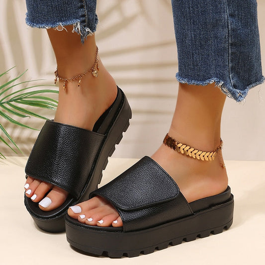 antmvs Black PU Leather Platform Slippers Women Plus Size 43 Thick Soled Sandals Woman  Summer Non-slip Slides Shoes Female