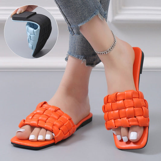 antmvs Design Weave Soft Slippers for Women Summer  Orange PU Leather Beach Flip Flops Female Square Toe Flat Sandals Plus Size 43