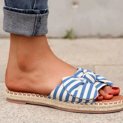 Back to school antmvs  Women's Bow Slippers  Summer Ladies Sandals Flat Woman Stripe Open Toe Slides Female Beach Shoes Women Slip On Footwear