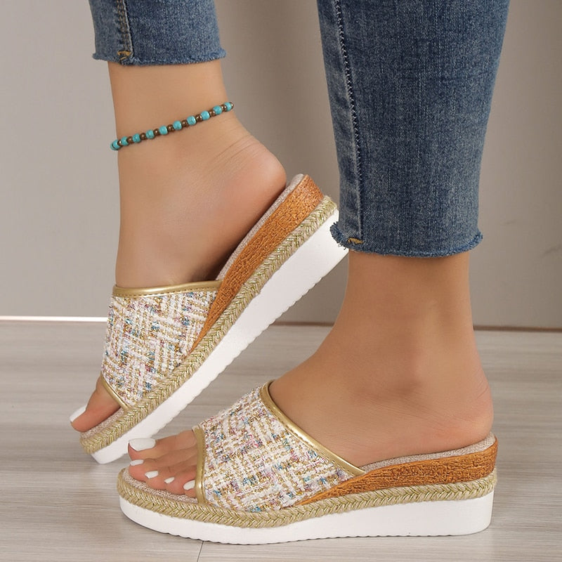 antmvs  New Fashion Striped Platform Slippers Women Summer Canvas Wedge Sandals Woman Plus Size Non Slip Casual Slippers