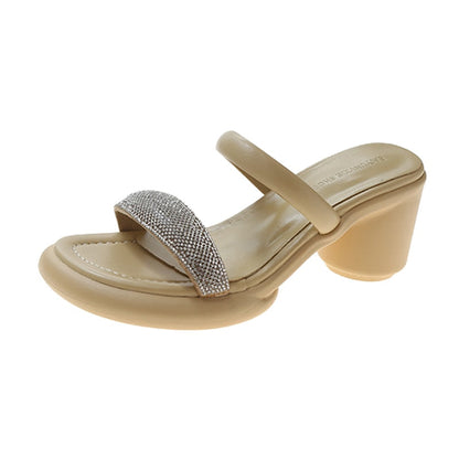 antmvs Fashion Crystal Women Sandals Summer  New Round Heels Gladiator Sandals Woman Beige PU Leather High Heeled Slippers