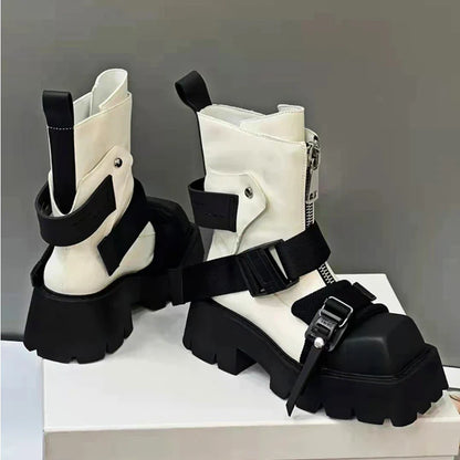 antmvs-Genuine Leather Boots Women  Tube Platform Boots Belt Buckle Design Cool Biker Botas Square Thick Bottom Head Ankle Boots